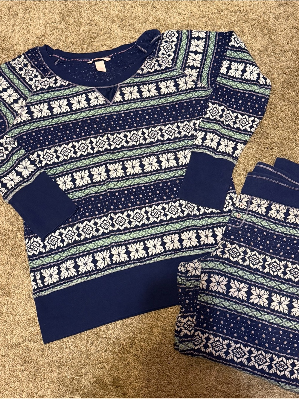 Victoria's Secret Navy Fair Isle Snowflake Thermal Pajama Set Waffle Knit Size L